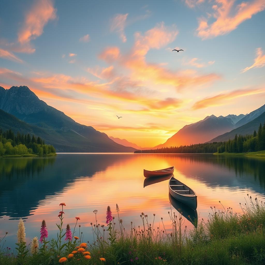 A serene landscape featuring a tranquil lake surrounded by lush greenery and majestic mountains in the background