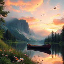 A serene landscape featuring a tranquil lake surrounded by lush greenery and majestic mountains in the background