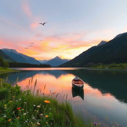 A serene landscape featuring a tranquil lake surrounded by lush greenery and majestic mountains in the background