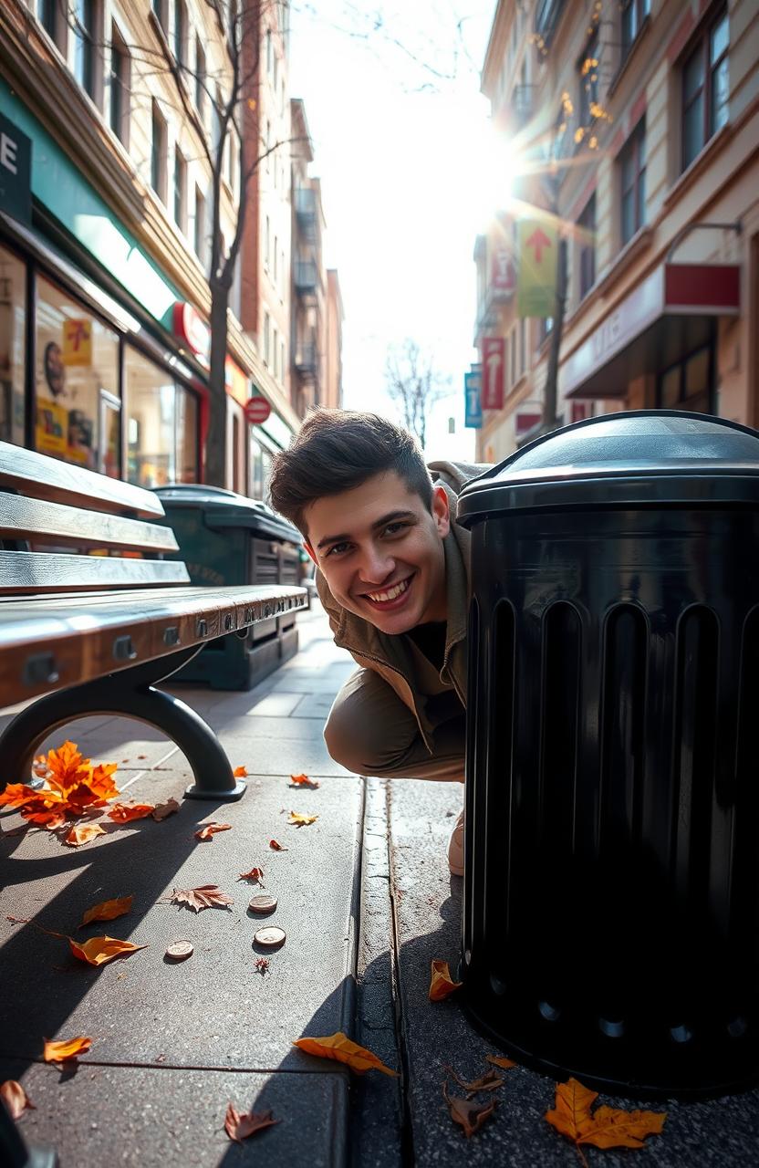 A person searching for coins on the street, joyfully peeking under benches and trash cans