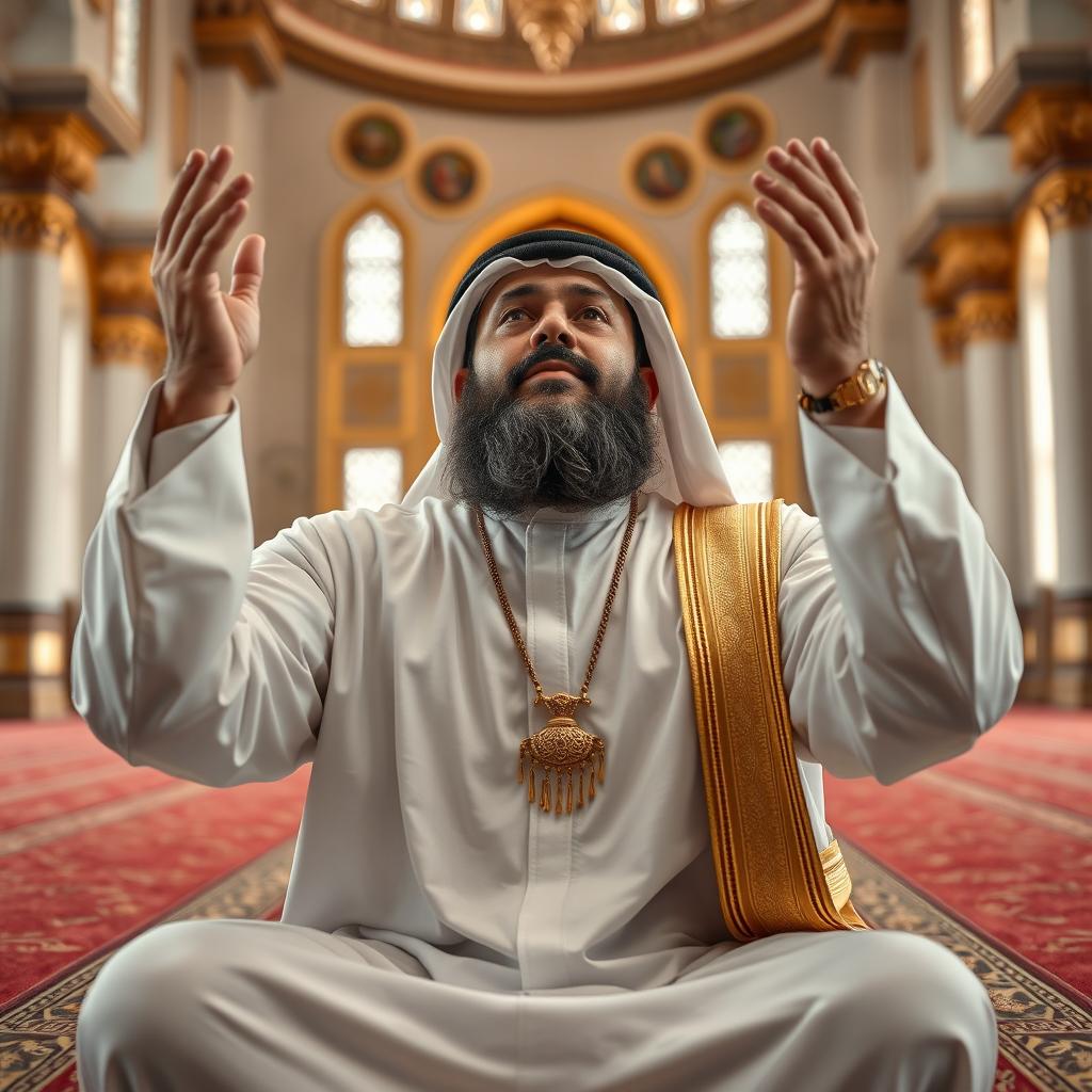A realistic and detailed photo of an Arab man, bearded and well-proportioned, aged 45 years