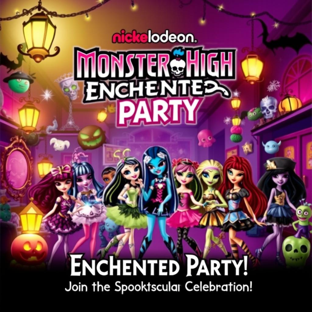 A whimsical and lively movie poster for 'Nickelodeon Monster High: Enchanted Party', released in 2010