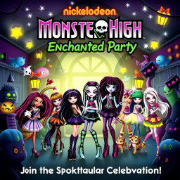 A whimsical and lively movie poster for 'Nickelodeon Monster High: Enchanted Party', released in 2010