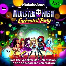 A whimsical and lively movie poster for 'Nickelodeon Monster High: Enchanted Party', released in 2010