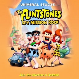 A fun and dynamic movie poster for 'Universal Studios Presents The Flintstones: Spy Mission Rock', released in 2010