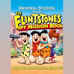 A fun and dynamic movie poster for 'Universal Studios Presents The Flintstones: Spy Mission Rock', released in 2010