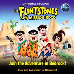 A fun and dynamic movie poster for 'Universal Studios Presents The Flintstones: Spy Mission Rock', released in 2010
