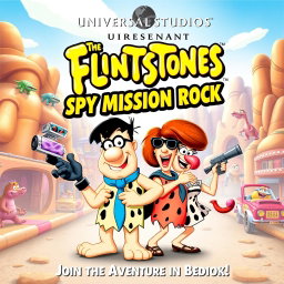 A fun and dynamic movie poster for 'Universal Studios Presents The Flintstones: Spy Mission Rock', released in 2010