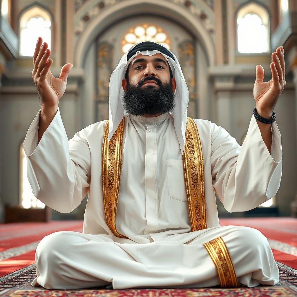 A realistic and detailed photograph of an Arab man, approximately 35 years old, with a well-proportioned build and a full beard