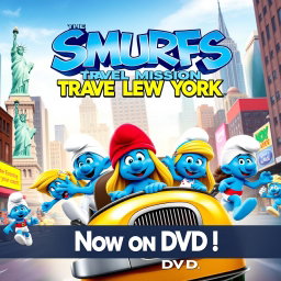 An exciting and vibrant movie poster for 'Smurfs: Travel Mission in New York', released in 2010, featuring it as a DVD edition