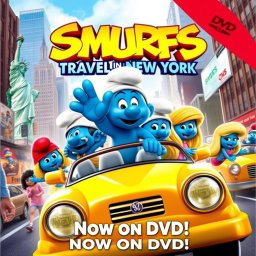 An exciting and vibrant movie poster for 'Smurfs: Travel Mission in New York', released in 2010, featuring it as a DVD edition