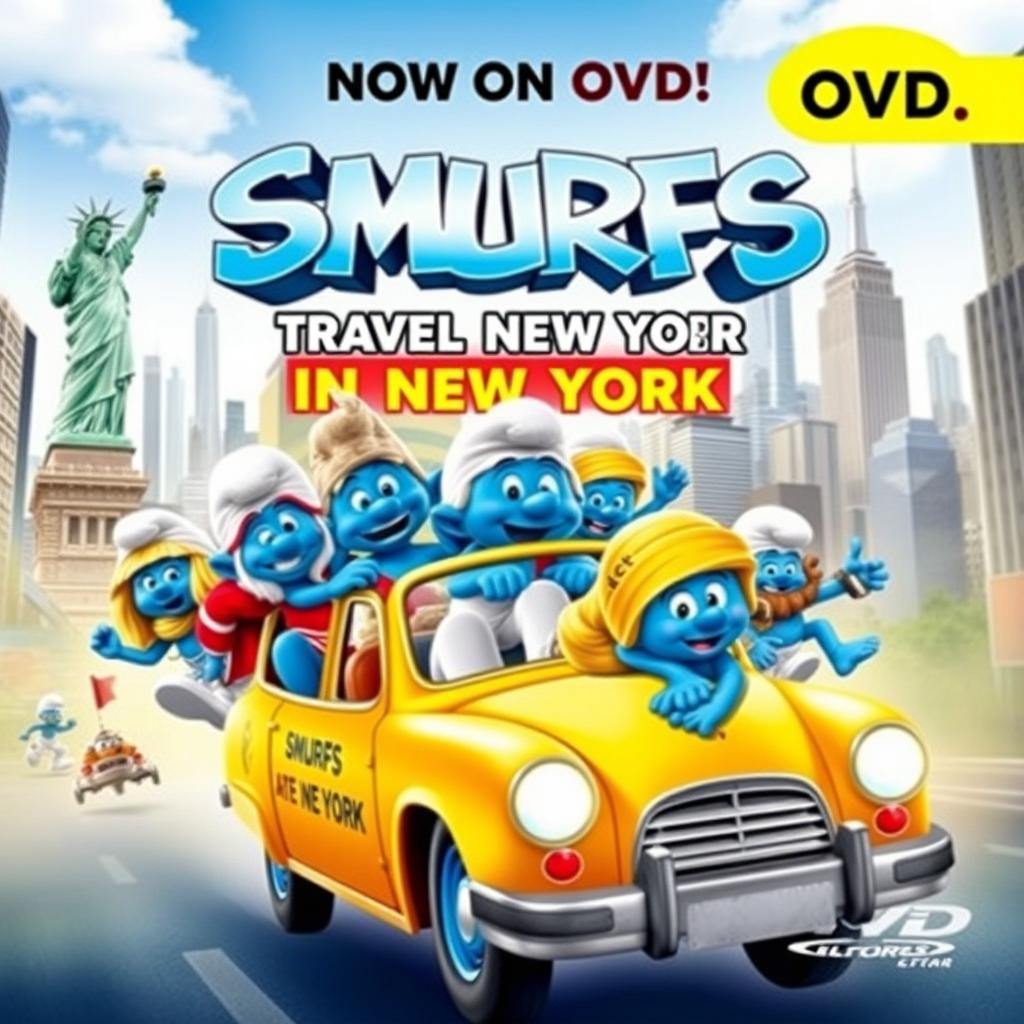 An exciting and vibrant movie poster for 'Smurfs: Travel Mission in New York', released in 2010, featuring it as a DVD edition