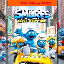 An exciting and vibrant movie poster for 'Smurfs: Travel Mission in New York', released in 2010, featuring it as a DVD edition