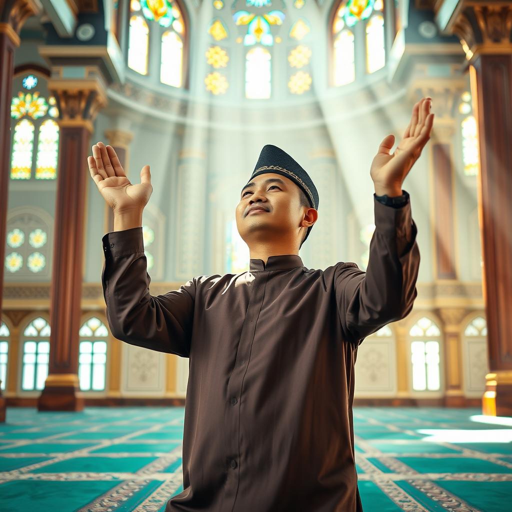 A Malay Muslim man in traditional attire, with a prayer cap, kneeling in a beautifully designed mosque, his hands raised upwards in a gesture of prayer
