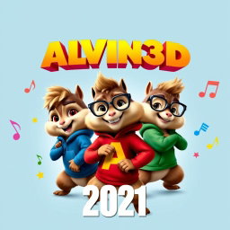 A dynamic and eye-catching movie poster for 'ALVIN3D (2021)', featuring the animated characters Alvin, Simon, and Theodore in a fun and adventurous pose