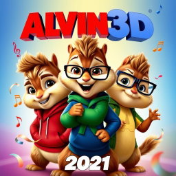 A dynamic and eye-catching movie poster for 'ALVIN3D (2021)', featuring the animated characters Alvin, Simon, and Theodore in a fun and adventurous pose
