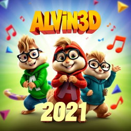 A dynamic and eye-catching movie poster for 'ALVIN3D (2021)', featuring the animated characters Alvin, Simon, and Theodore in a fun and adventurous pose