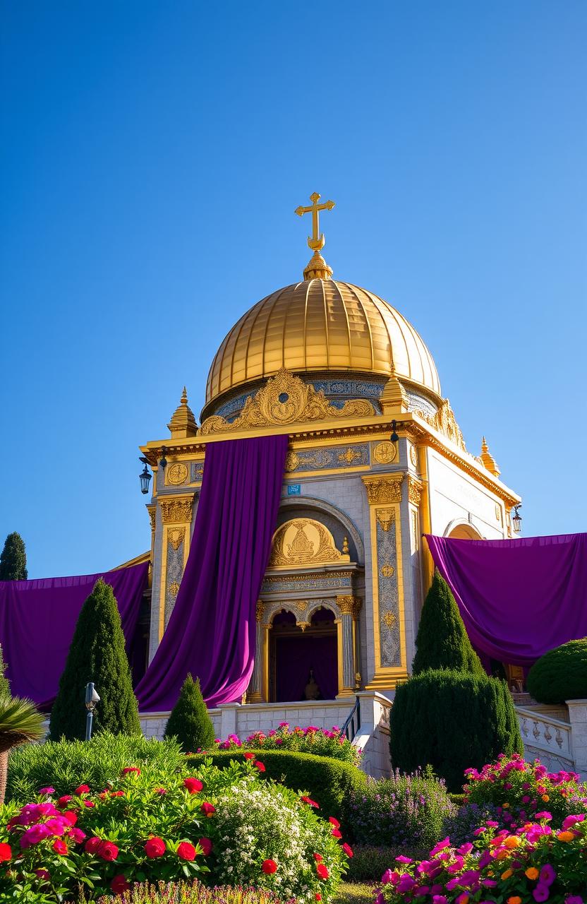 The majestic Gold Jerusalem Temple, beautifully draped in rich purple and scarlet fabrics, standing tall against a clear blue sky