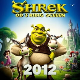 An engaging and colorful movie poster for 'Shrek on the 3D Big Screen (2012)', featuring the beloved ogre Shrek and his companion Donkey in a dynamic pose