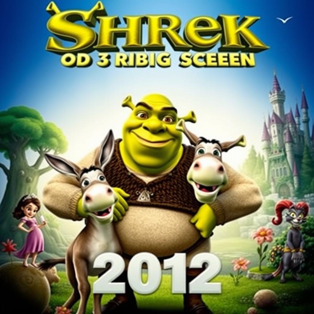 An engaging and colorful movie poster for 'Shrek on the 3D Big Screen (2012)', featuring the beloved ogre Shrek and his companion Donkey in a dynamic pose