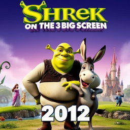 An engaging and colorful movie poster for 'Shrek on the 3D Big Screen (2012)', featuring the beloved ogre Shrek and his companion Donkey in a dynamic pose
