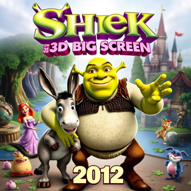 An engaging and colorful movie poster for 'Shrek on the 3D Big Screen (2012)', featuring the beloved ogre Shrek and his companion Donkey in a dynamic pose