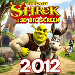 An engaging and colorful movie poster for 'Shrek on the 3D Big Screen (2012)', featuring the beloved ogre Shrek and his companion Donkey in a dynamic pose