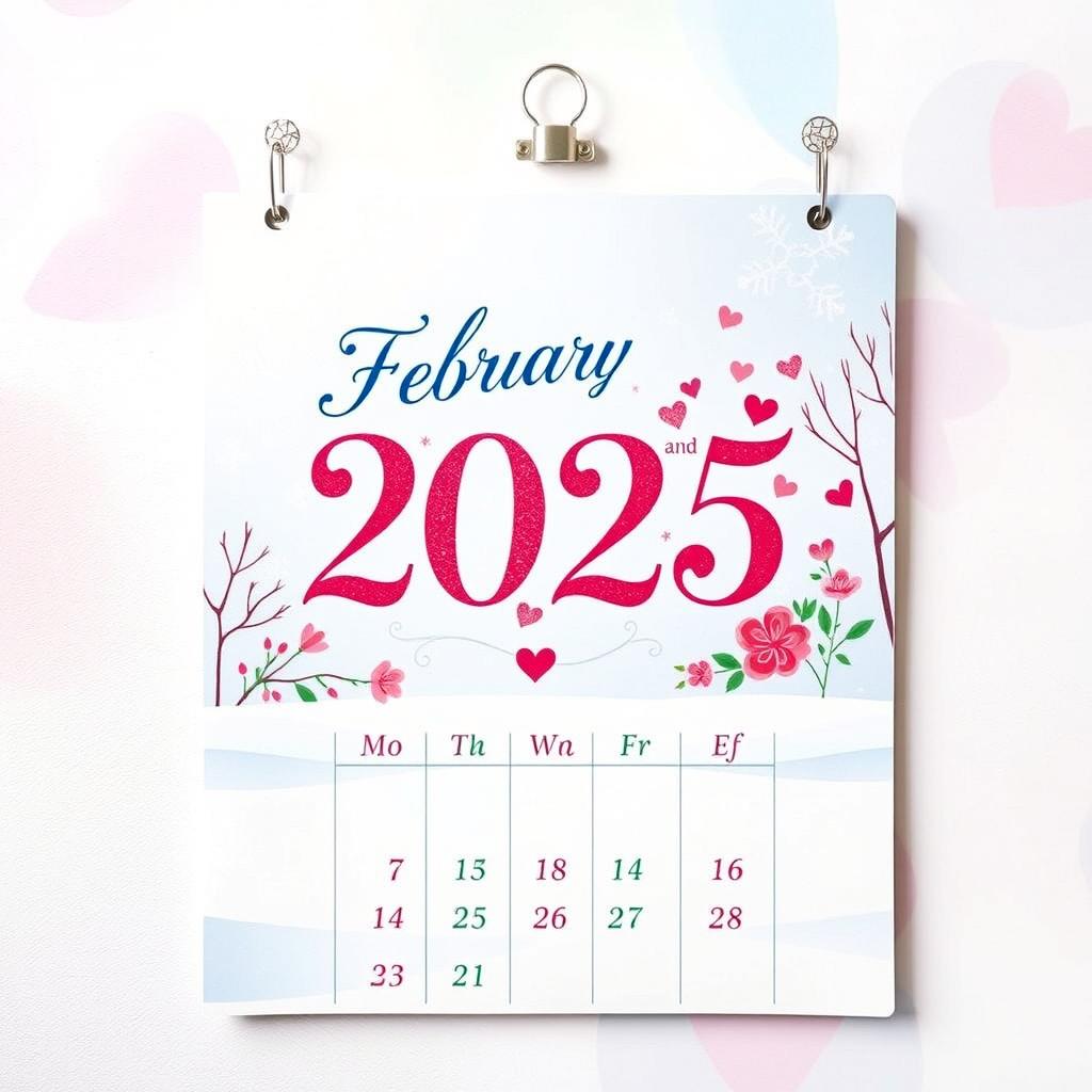 A beautiful wall calendar showcasing the month of February 2025