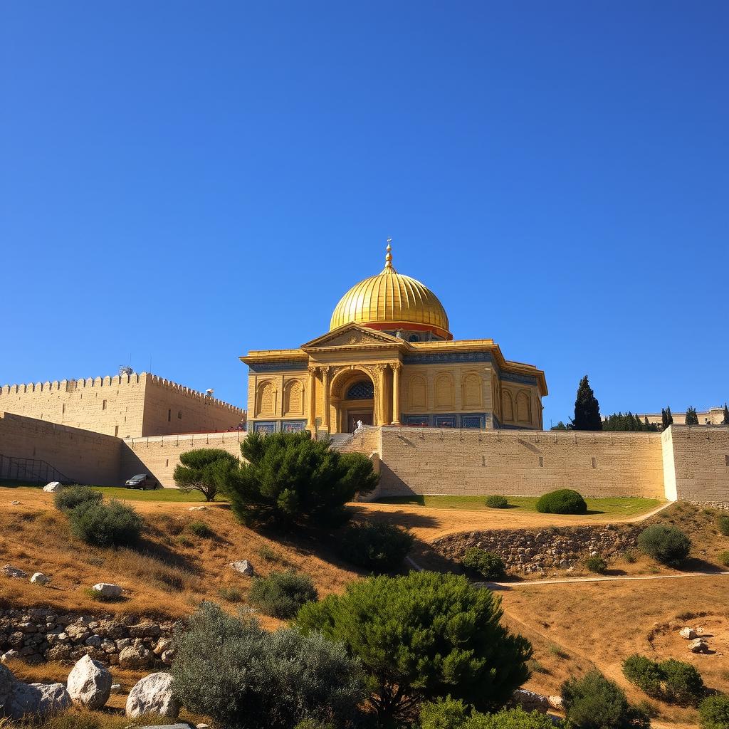 The magnificent Gold Jewish Temple, draped in luxurious purple and scarlet fabrics, situated on the Temple Mount in Jerusalem