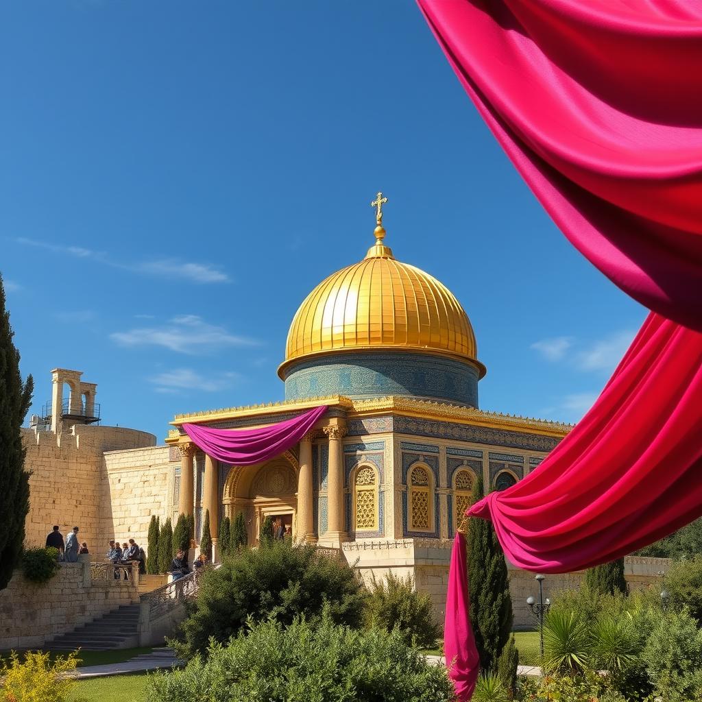 The splendid Gold Jewish Temple, prominently located on the Temple Mount in Jerusalem, draped in luxurious purple and scarlet cloth that cascades elegantly around its structure