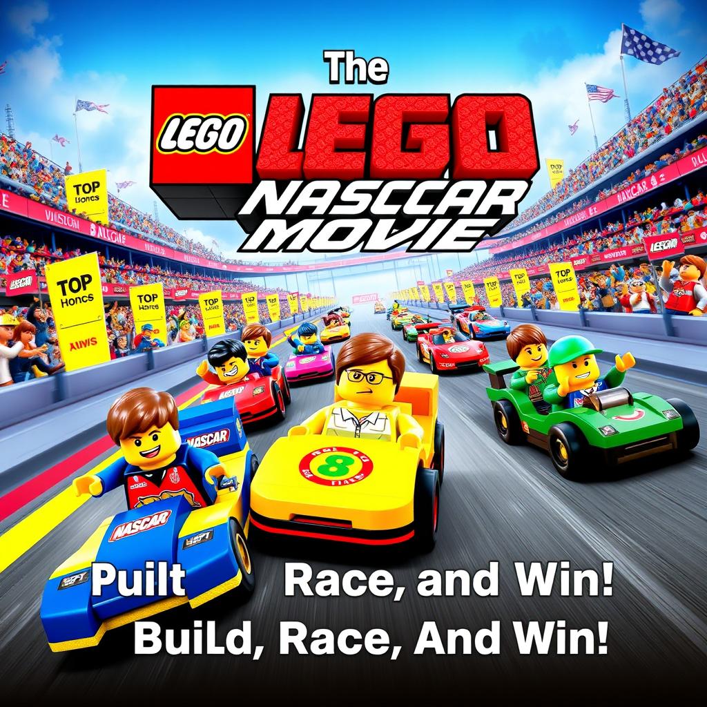 An exciting and colorful movie poster for 'The LEGO NASCAR Movie', released in 2012