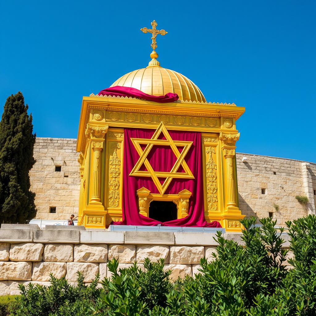 The stunning Gold Jewish Temple, located on the Temple Mount in Jerusalem, elegantly draped in rich purple and scarlet cloth, prominently featuring a large, intricate Star of David upon its surface