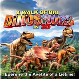 An eye-catching movie poster for 'A Walk of Big DINOSAURS in 3D', released in 2008
