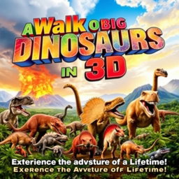 An eye-catching movie poster for 'A Walk of Big DINOSAURS in 3D', released in 2008