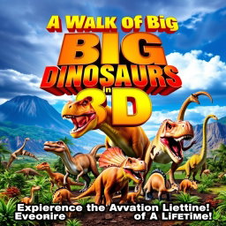 An eye-catching movie poster for 'A Walk of Big DINOSAURS in 3D', released in 2008