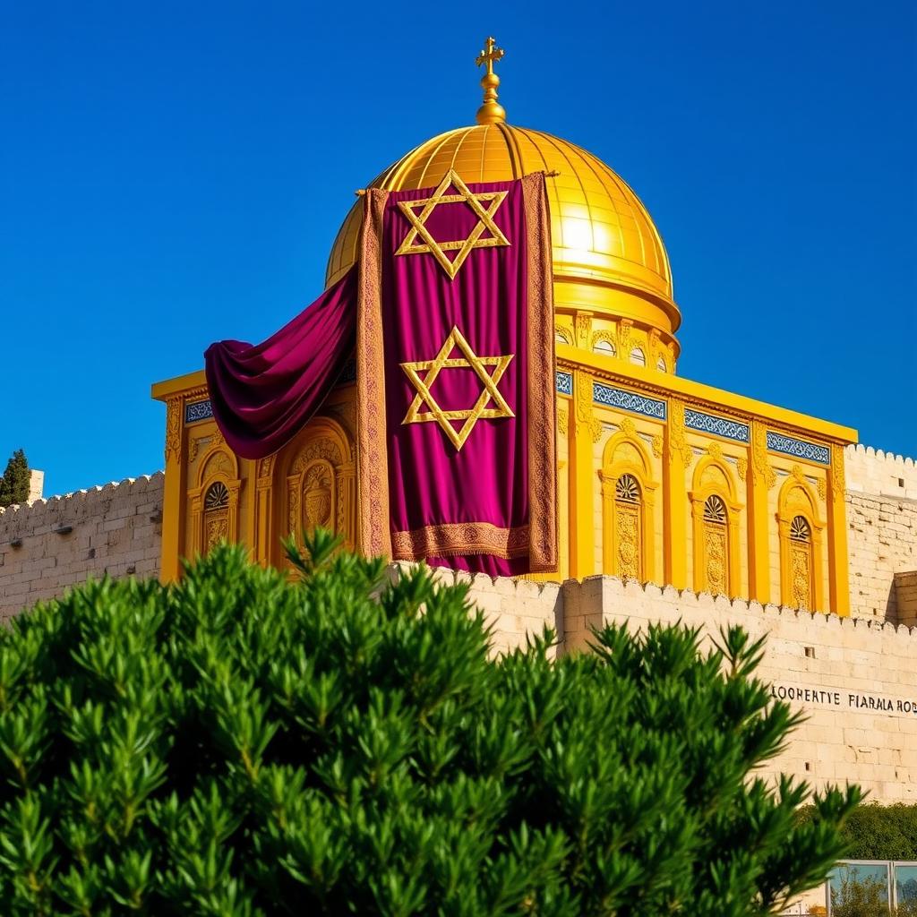 The breathtaking Gold Jewish Temple located on the Temple Mount in Jerusalem, elegantly draped in opulent purple and scarlet cloth, prominently displaying a large and intricate Star of David on its fabric