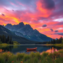A serene landscape depicting a beautiful mountain range during sunset, where the sky is filled with vibrant shades of orange, pink, and purple