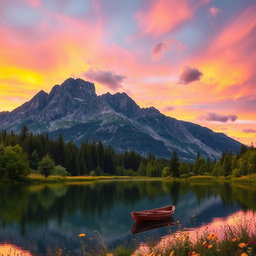 A serene landscape depicting a beautiful mountain range during sunset, where the sky is filled with vibrant shades of orange, pink, and purple