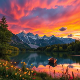 A serene landscape depicting a beautiful mountain range during sunset, where the sky is filled with vibrant shades of orange, pink, and purple