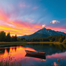 A serene landscape depicting a beautiful mountain range during sunset, where the sky is filled with vibrant shades of orange, pink, and purple