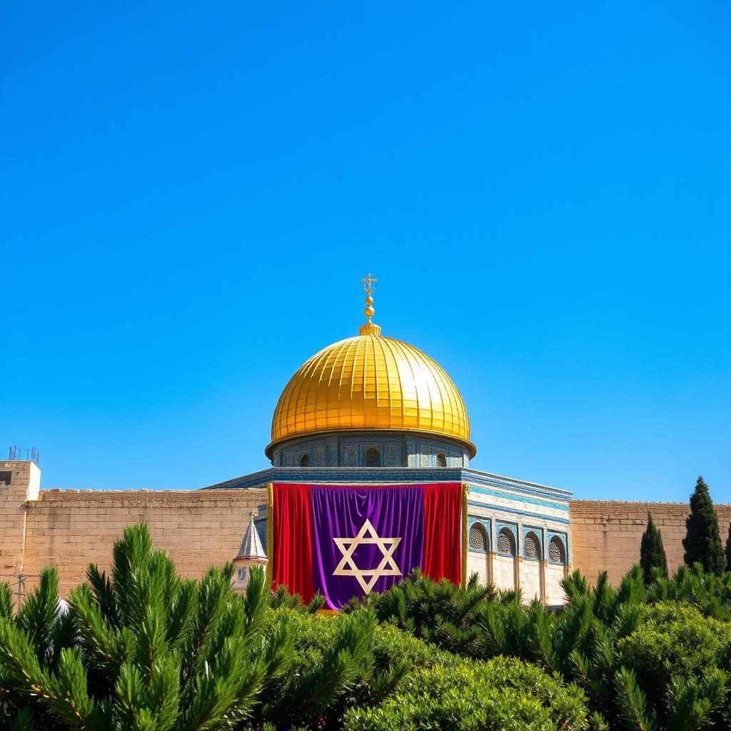 The majestic Gold Jewish Temple situated on the Temple Mount in Jerusalem, elegantly draped in vibrant scarlet and purple cloth, with a prominent single Star of David displayed on its surface