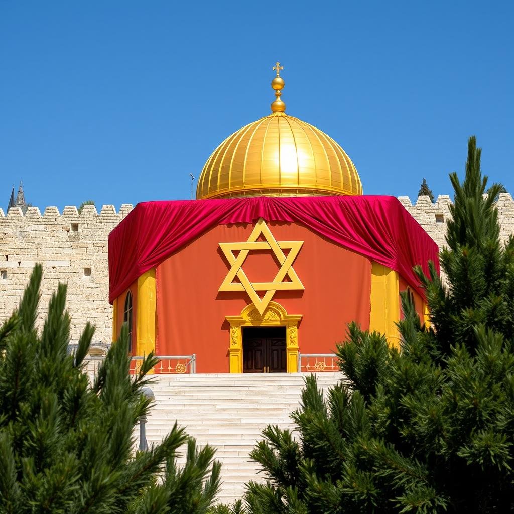 The shiny Gold Jewish Temple situated on the Temple Mount in Jerusalem, beautifully draped in vibrant scarlet and purple cloth, prominently featuring a singular, intricate Star of David displayed on its surface