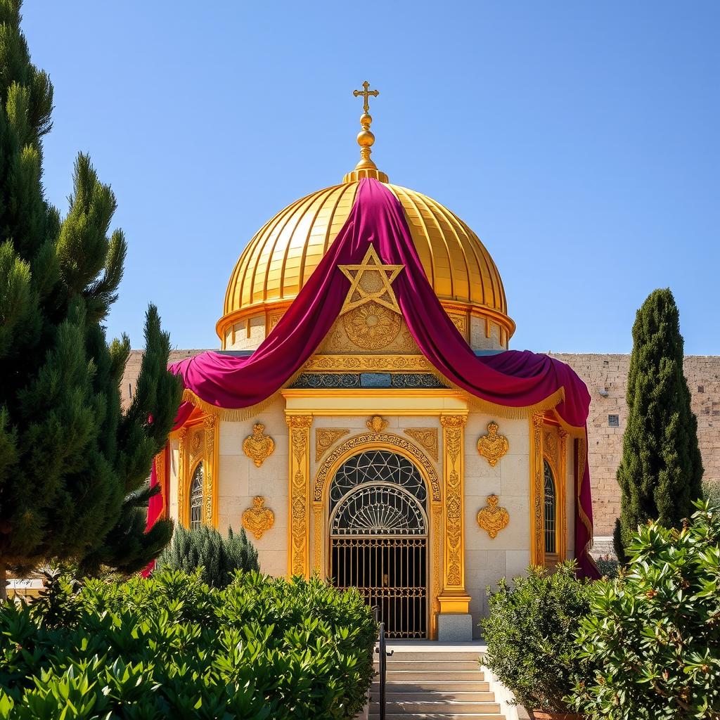The shiny Gold Jewish Temple situated on the Temple Mount in Jerusalem, elegantly draped in rich scarlet and purple cloth, featuring a prominent single Star of David displayed on its surface