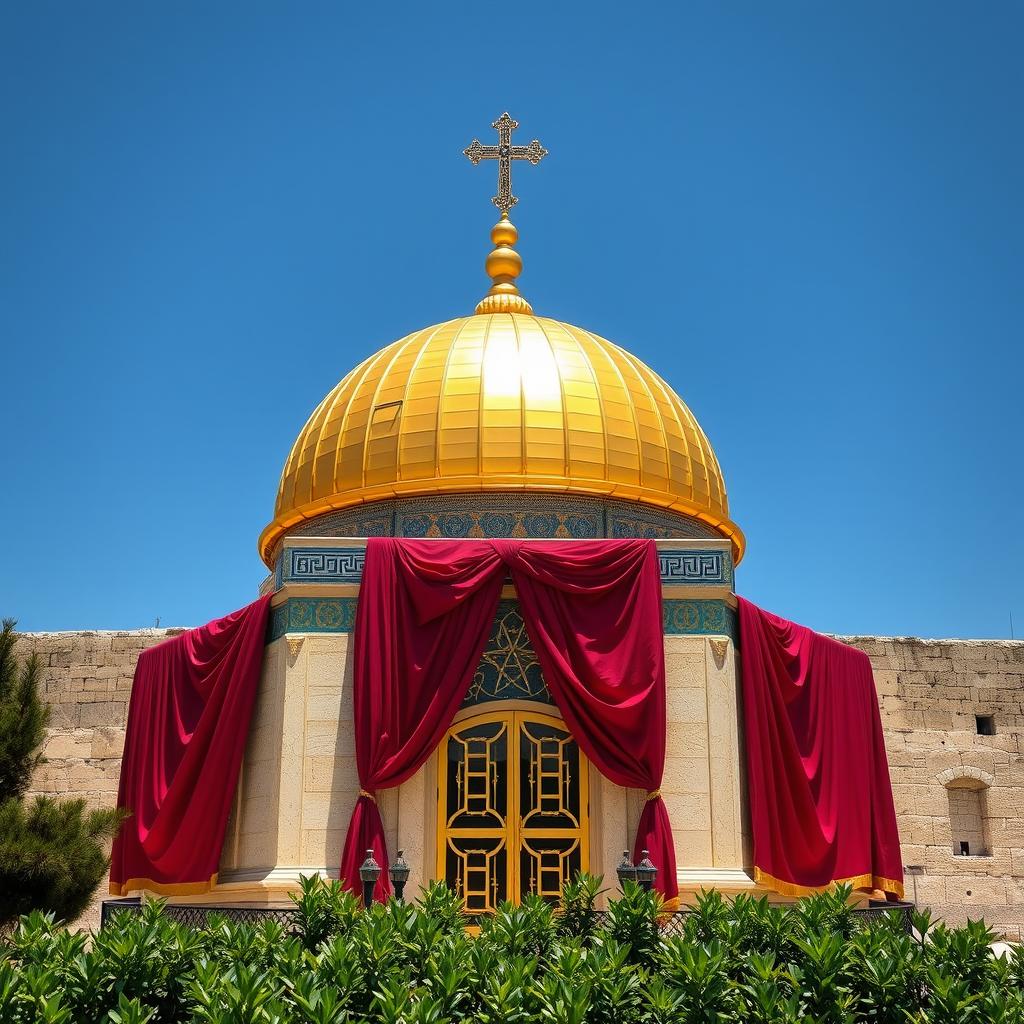 The shiny Gold Jewish Temple located on the Temple Mount in Jerusalem, gracefully draped in rich scarlet and purple cloth, featuring a small, elegant Star of David displayed prominently on its facade