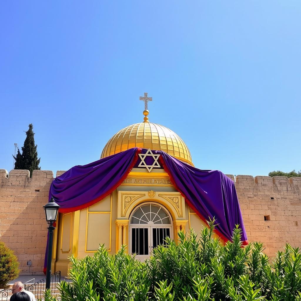 The shiny Gold Jewish Temple located on the Temple Mount in Jerusalem, elegantly draped in rich purple cloth adorned with scarlet trim