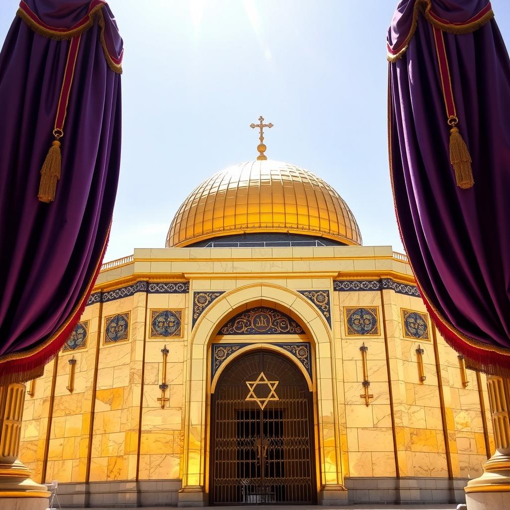 A majestic, shiny gold Jewish Temple situated on the Temple Mount in Jerusalem, adorned with luxurious purple drapes featuring scarlet trim