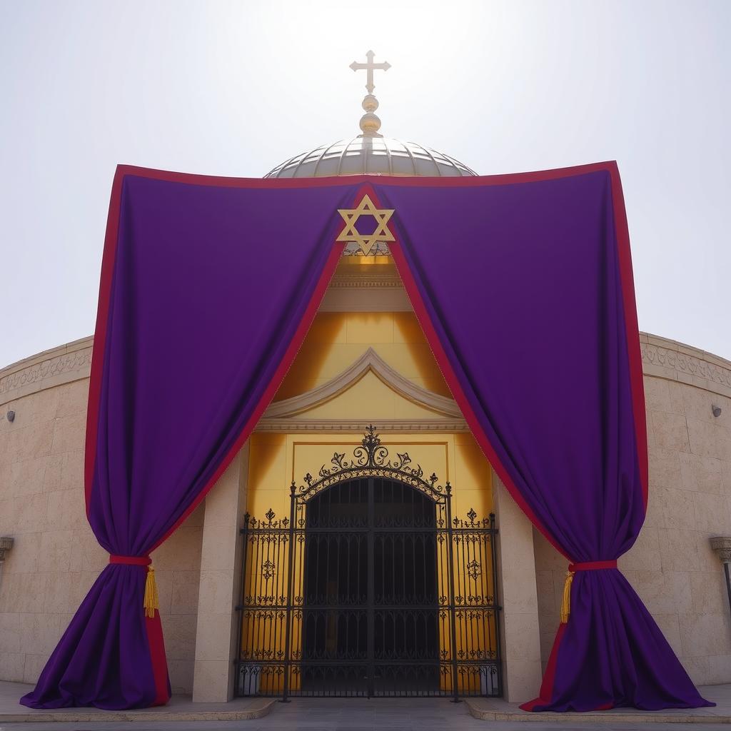 A beautiful and shiny gold Jewish Temple located on the Temple Mount in Jerusalem, elegantly draped in rich purple fabric with striking scarlet trim