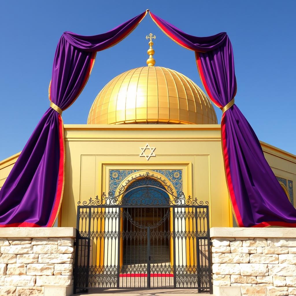 A beautiful, shiny gold Jewish Temple standing proudly on the Temple Mount in Jerusalem, draped in rich purple fabric with striking scarlet trim