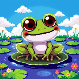 A cute, pixel art frog with big, expressive eyes and a cheeky smile