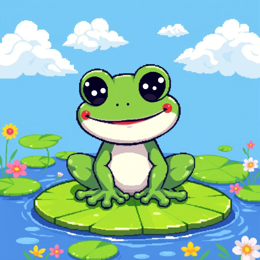 A cute, pixel art frog with big, expressive eyes and a cheeky smile